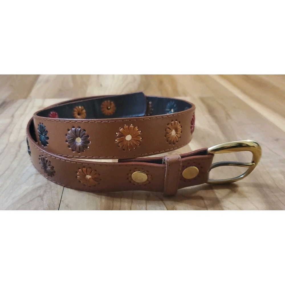 Boho Colorful Flower Tooled Belt Size Small 28-32 Brass Buckle Brown Hippy Y2K